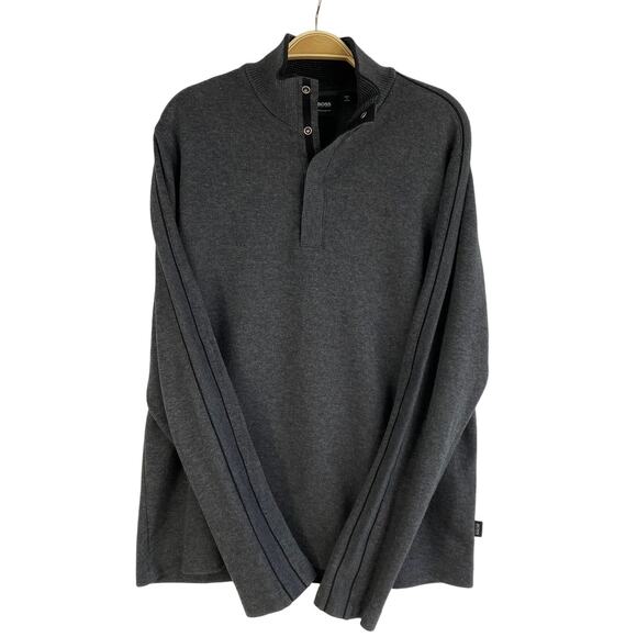 Hugo Boss Mock Neck Sweater Men L Gray Snap Collar Cotton Preppy Striped Sleeve - Picture 1 of 9